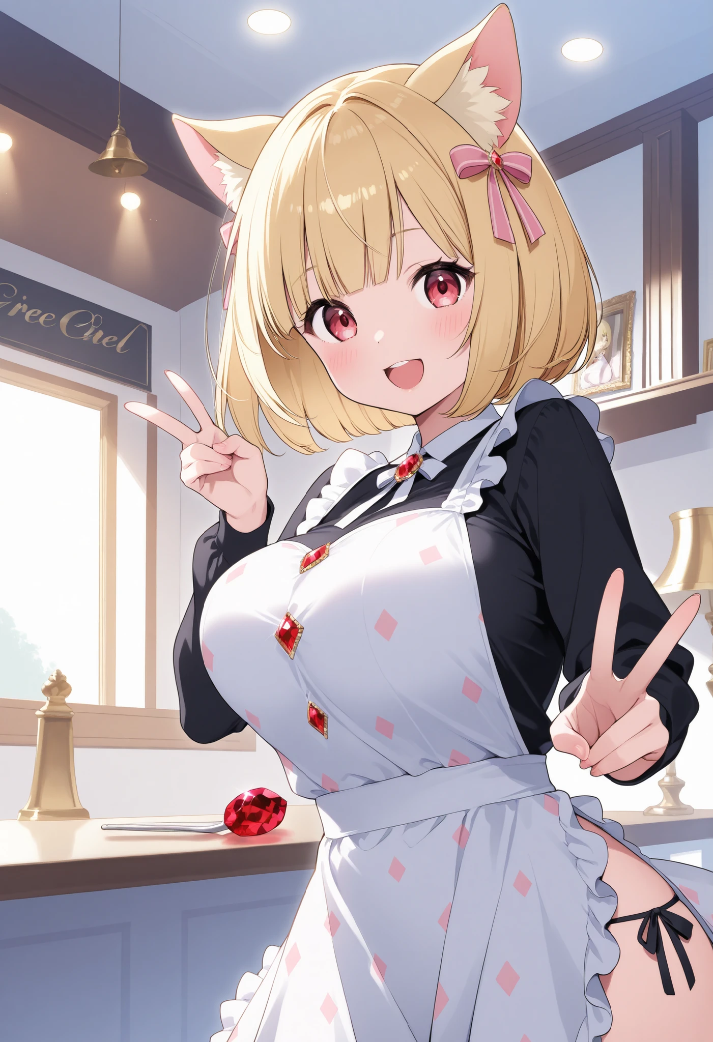 Blonde Cat Ears、bob cut blonde hair、 popup、Luxurious Pink Ruffle Dress、Red Gem Decoration、In Front of the Isekai Church 、big breasts、 smiles and smiles、Diamond Gem Ribbon Embellishment、