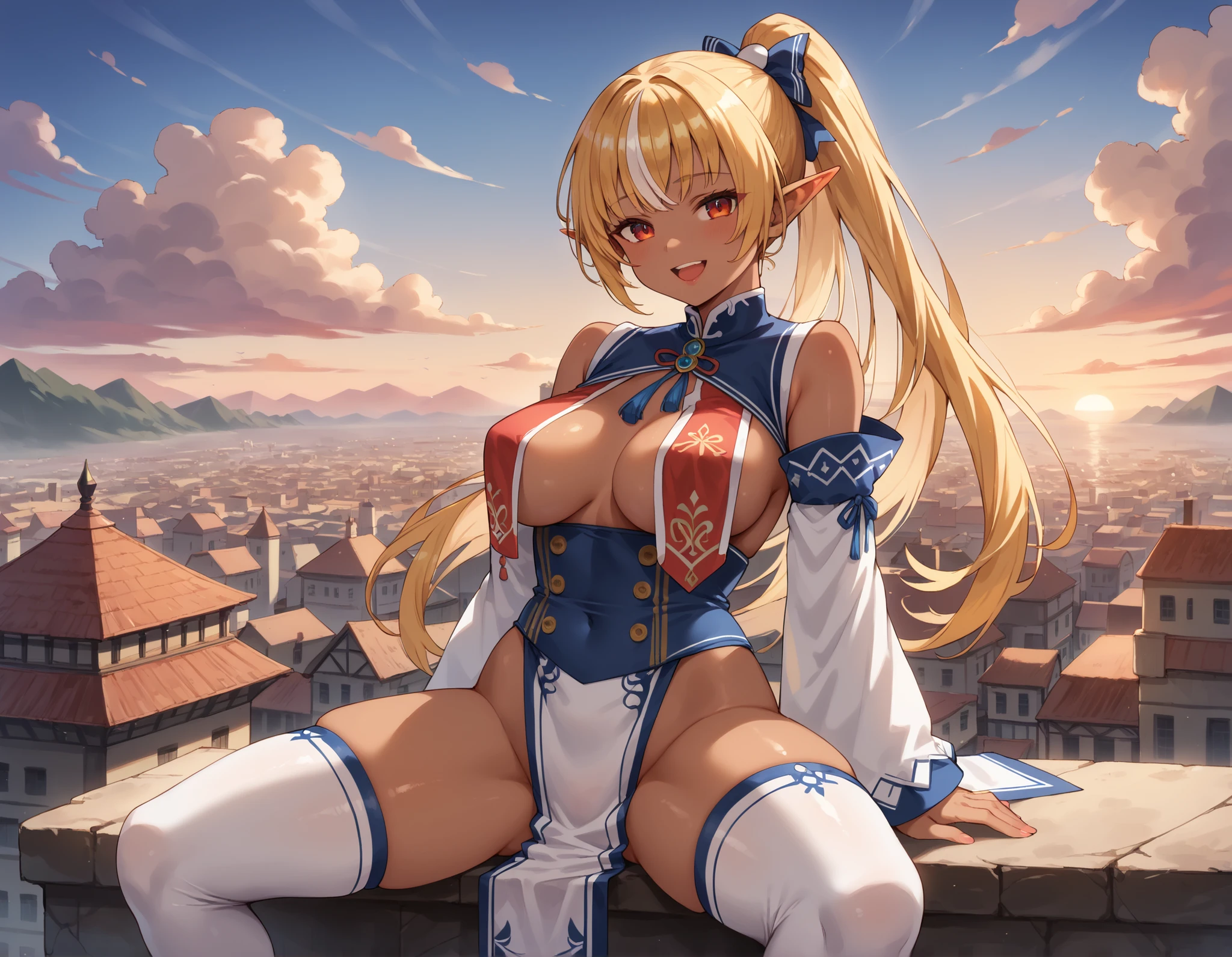 (((masterpiece))), (((best quality))), ((ultra-detailed)), (illustration), ((an extremely delicate and beautiful)), ((super detail)), ((high resolution)), (((20 years old))), ((metallic cloth)), (cheerleader), (super heroine), (android), delicate metal decorations, gleaming skin, shiny body, two legs, breast focus, (((tall))), slender legs, ((big round eyes)), cute eyes, drooping eyes, ((adult)), two hands, five fingers, no extra hands, elegant smile, braid, ((metallic blue)), (see-through), (dark blonde), (((ultra-huge breasts))), (shining brightly), outdoor, mini skirt, daytime, ((biopunk)), (hair shorter than shoulder), (medium length hair), gynoid, (slimy shining competition swimsuit), city, ((midriff-baring outfit)), (spread legs), (arms behind head),