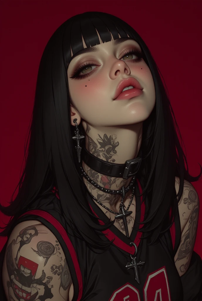 mgoth, 1girl, solo, long hair, looking at viewer, black hair, jewelry, upper body, red hair, multicolored hair, necklace, mole, black eyes, (two-tone hair:1.3), lips, eyelashes, makeup, scar, realistic, nose <lora:ModernGoth_Beta:1>