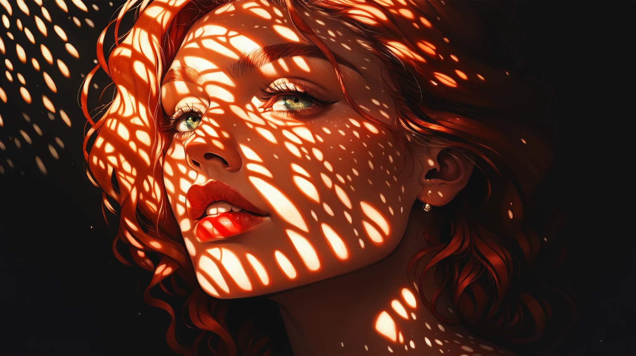 score_9, score_8_up, score_7_up, score_6_up, 1girl, ginger hair, 23 years old, beautiful, dappled sunlight, lipstick, dark background, portrait, s1_dram