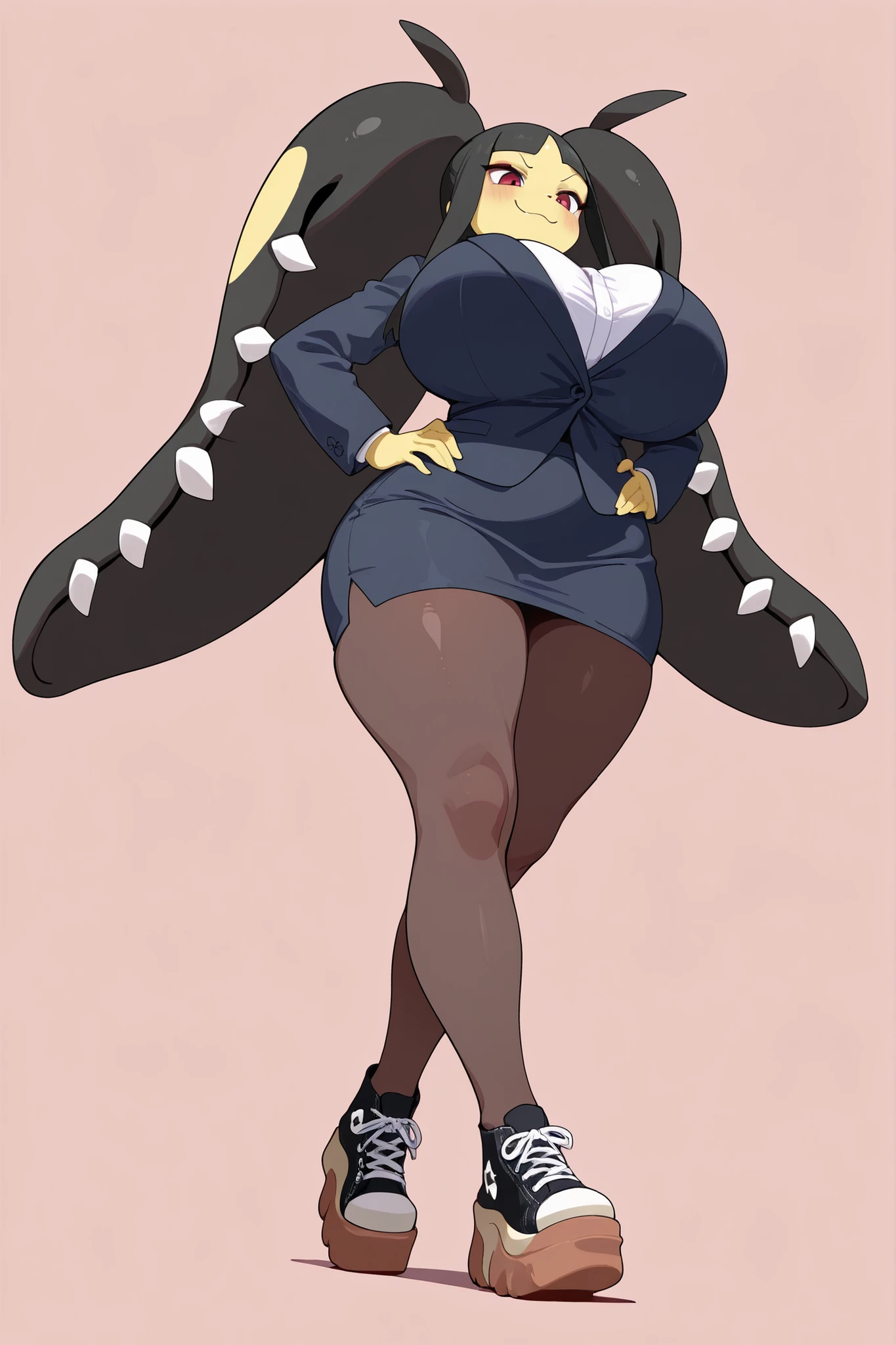 1girl mega mawile furry, yellow skin, huge breasts, hyper breasts, wide hips, long legs, thick legs, curvy body, from below, looking down, walking, hands on hip, blushed smug, platform converse, run star motion shoes, crsm, office outfit, no background, fullbody