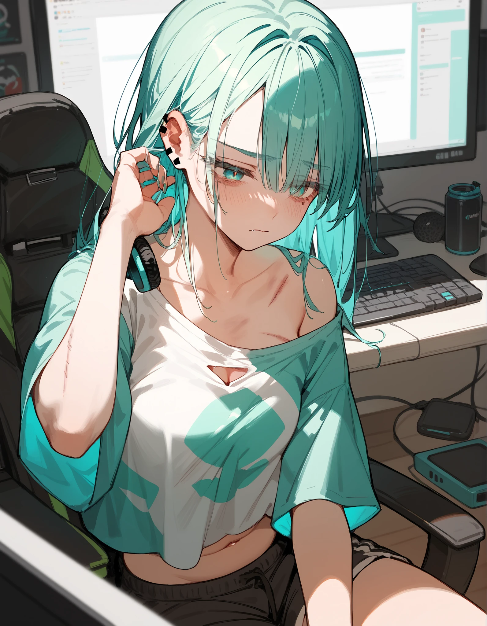 Gamer girl. on the computer, mint-colored hair. tired look, bruises under the eyes, big t-shirt, the t-shirt falls off the shoulder, revealing the chest