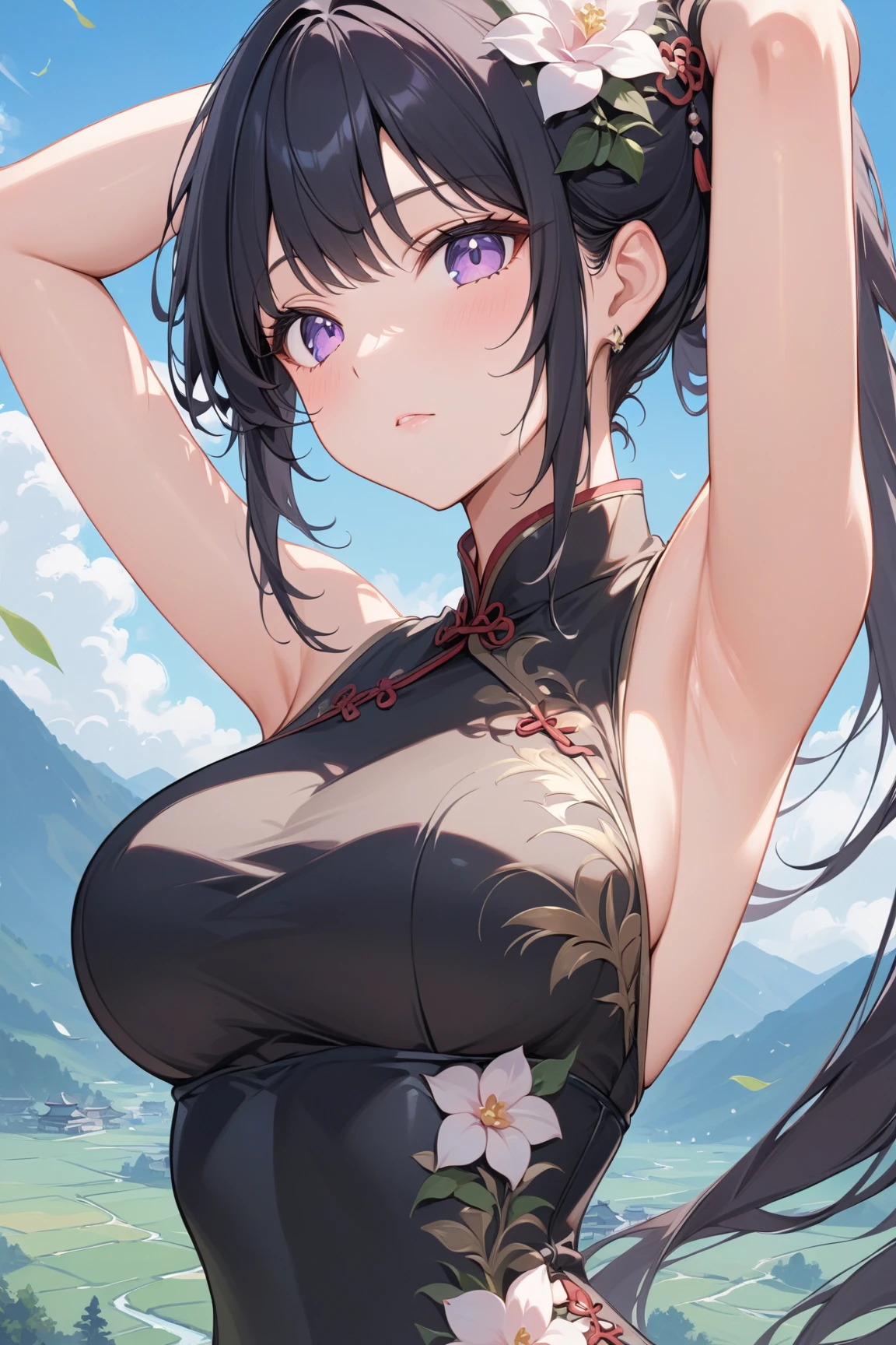 masterpiece, absurdres,(pikkyyumeko), 1girl, solo,mature female, (topless), spaghetti strap top,open shirt,high waist short skirt, looking at viewer, (falling petals), perfect composition, detailed lips, (big breast, huge breast:1.3 ), beautiful face, body propotion, blush, soft gaze, super realistic, detailed, photoshoot, realistic face and body, (nsfw:1.3), wet cum:1.2,( close shot:1.2, close),armpit, detached net Sleeves, (plump), open mouth