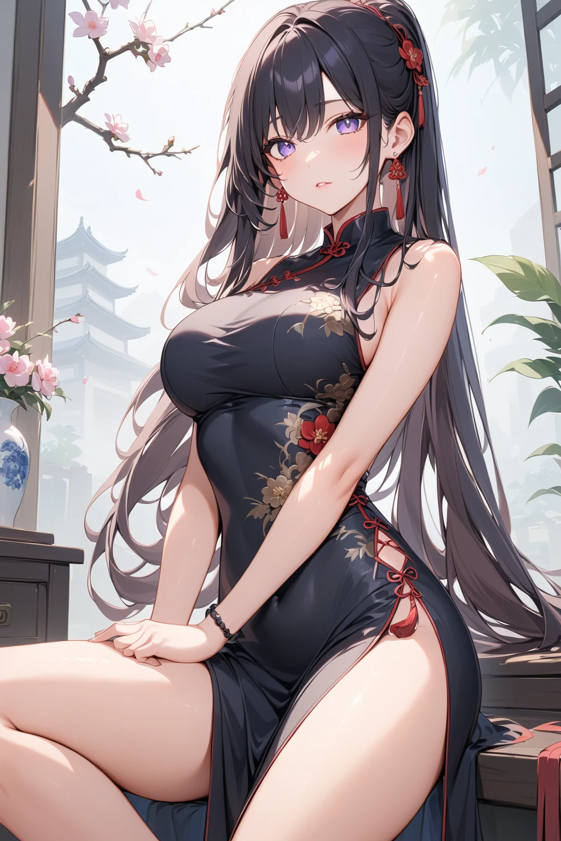 anime girl in a red dress with long black hair, seductive anime girl, cute anime waifu in a nice dress, anime moe artstyle, (anime girl), 奈良美智, full body xianxia, beautiful alluring anime woman, tokisaki kurumi fan art