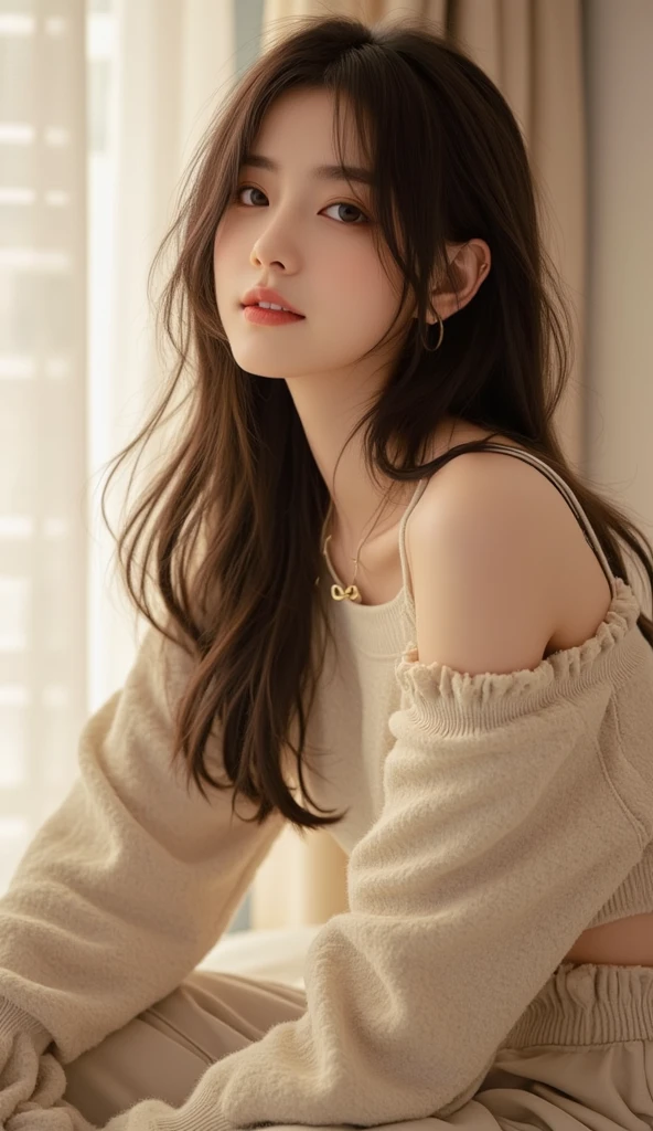 jenna_ortega_v4 wearing halter sweater, long hair, bangs, orange lips, makeup, skinny,
cream wool halter sweater, 
medium shot, upper body shot, portrait, sitting on scaffolding with construction project background, soft lighting, close up,
<lora:Jenna_Ortega_V4:0.7>, <lora:breastsizeslideroffset:-0.4>