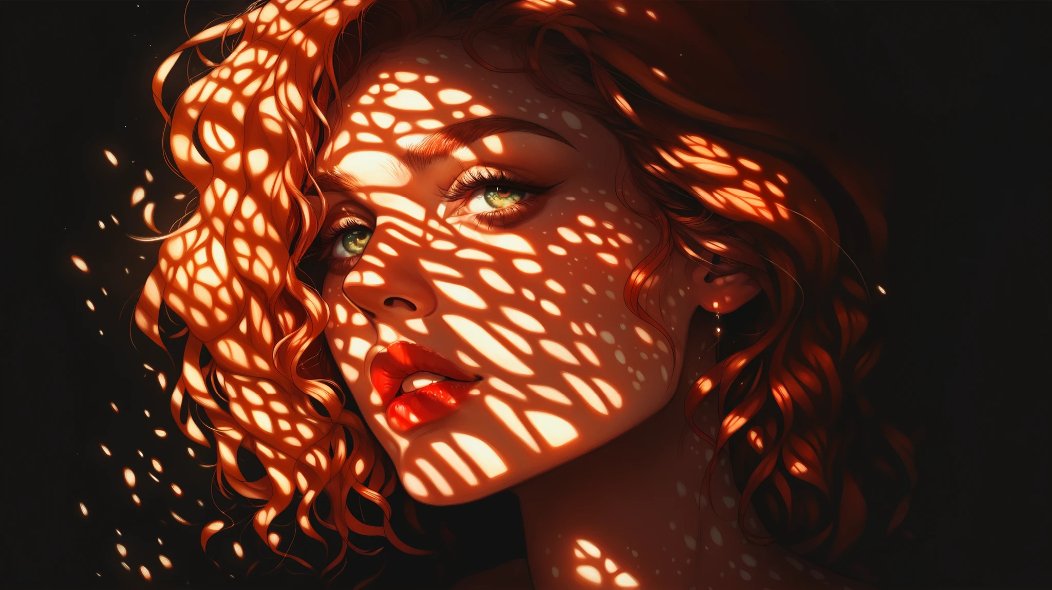 score_9, score_8_up, score_7_up, score_6_up, 1girl, ginger hair, 23 years old, beautiful, dappled sunlight, lipstick, dark background, portrait, s1_dram