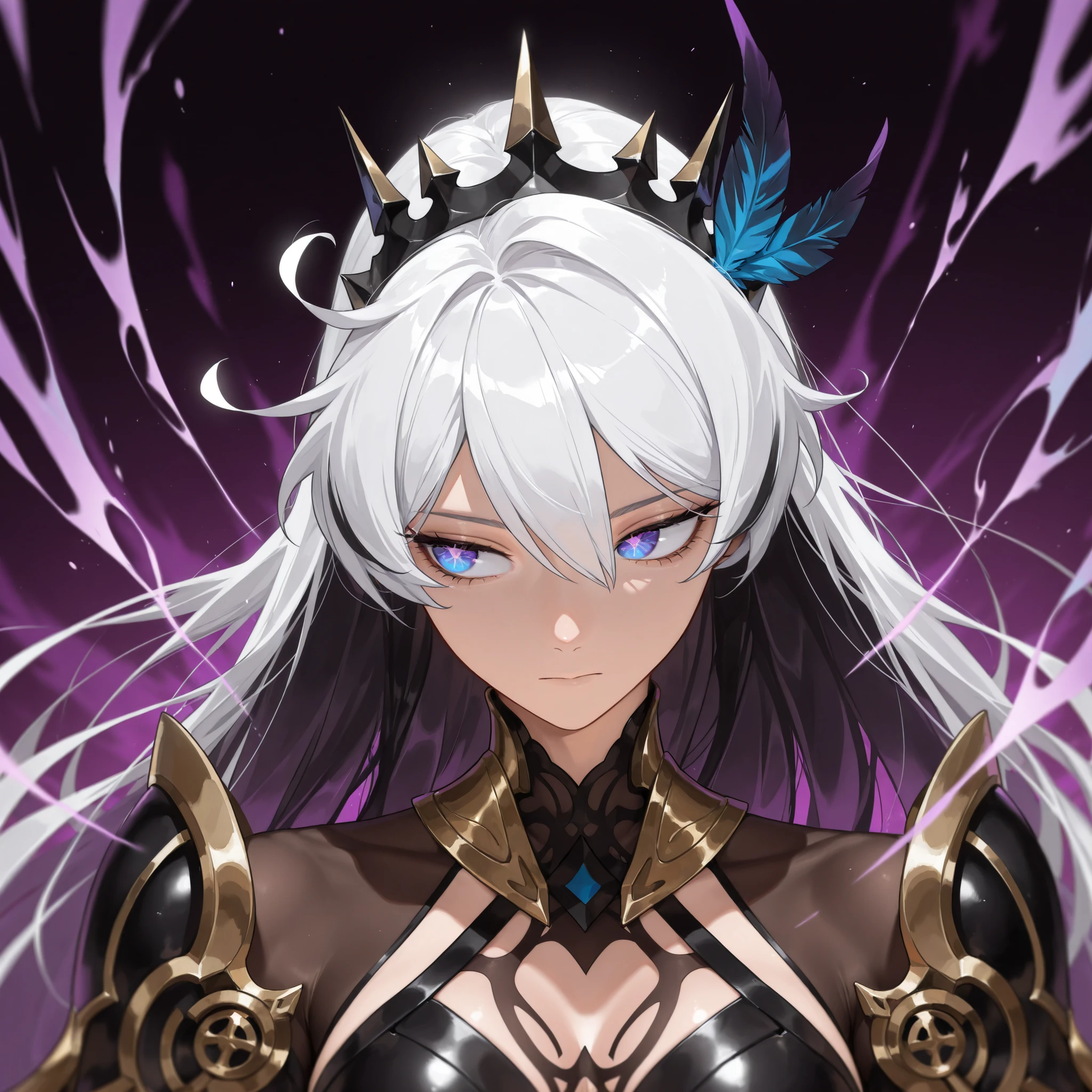 webtoon style, Solo Leveling style, masterpiece, best quality, amazing quality, very aesthetic, high resolution, ultra-detailed, absurdres, (hands:-0.33),
1girl, solo, (dynamic pose, looking around, turning her head to the side, quarter shot, portrait, closeup shot:1.19), (KianaHi3, Fol005, Kia_Hof:0.22), no expression, narrow eyes, expressionless, white hair, very long hair, (multicolored hair, black hair:1.43), two-tone hair, ,blue eyes, purple eyes, nova eyes, cosmic eyes, kiana kaslana, bright eyes, narrow eyes, tsurime, black and white magic, reality bending magic, purple and gold aura, conflicting energies, void powers, purple aura, deep aura, halter dress, black tiara, feather hair ornament, armored skirt, (sleek armor, demon armor, fantasy armor:1.33),
BREAK, depth of field, volumetric lighting
