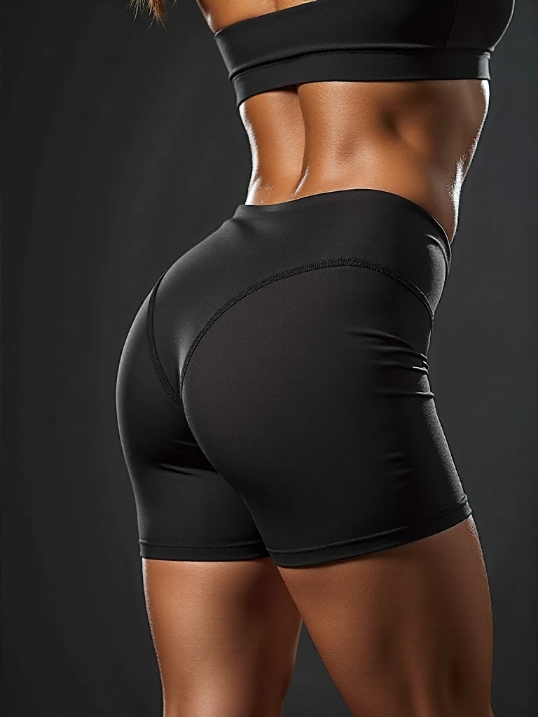 A beautiful woman with a big elastic butt, posing for the camera in tight sports shorts,muy detallado, hermoso cuerpo y cara, se parece al original, Pelo rojo, en un gimnasio