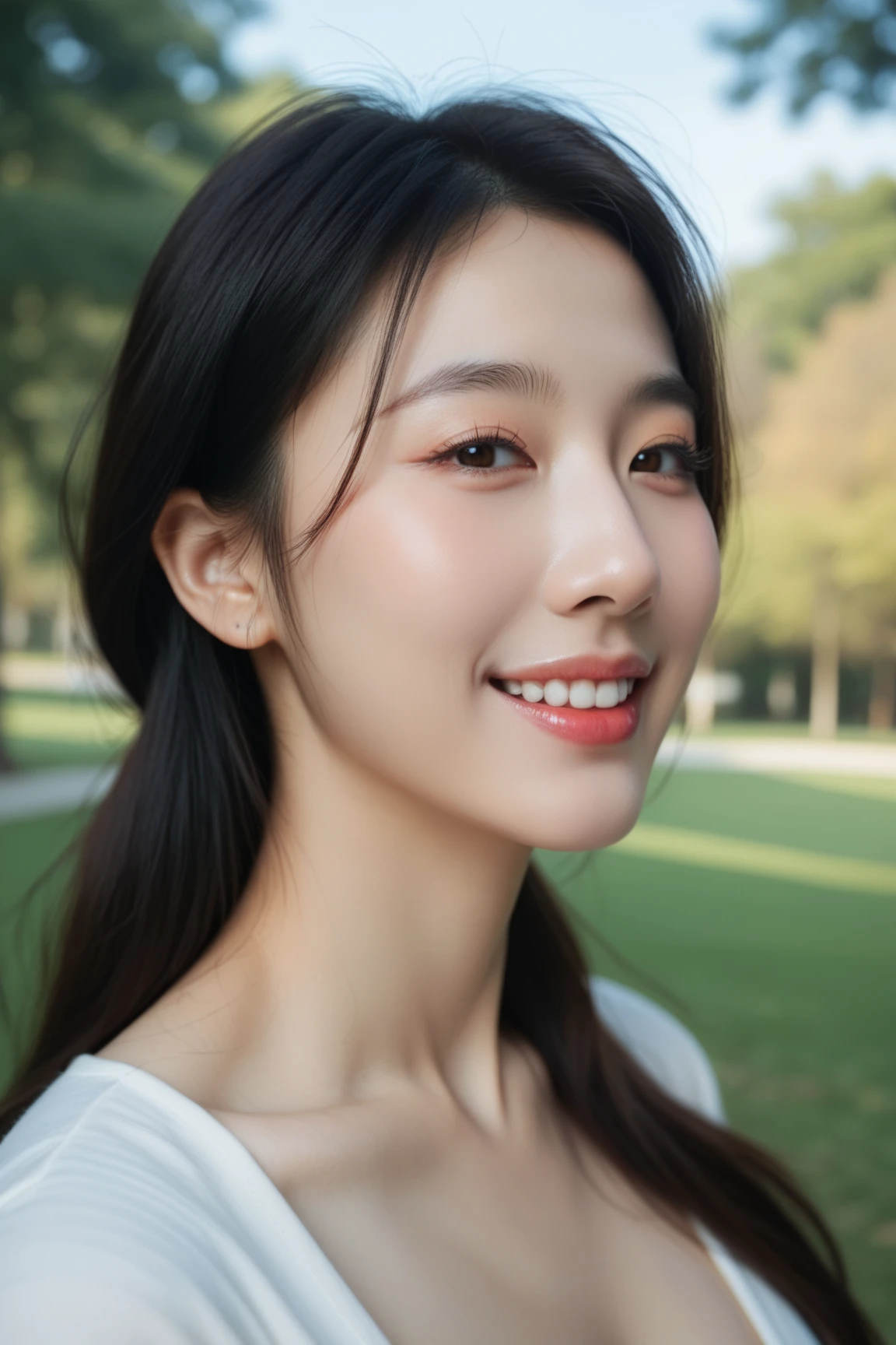 best quality, masterpiece, ultra high res, (photorealistic:1.4),RAW photo, close-up shot, 1 girl, 12yo, smile, bikini and flat chest, shiny hair, big eyes, white and translucent skin, slightly flushed cheeks, thin lips, playing in city park