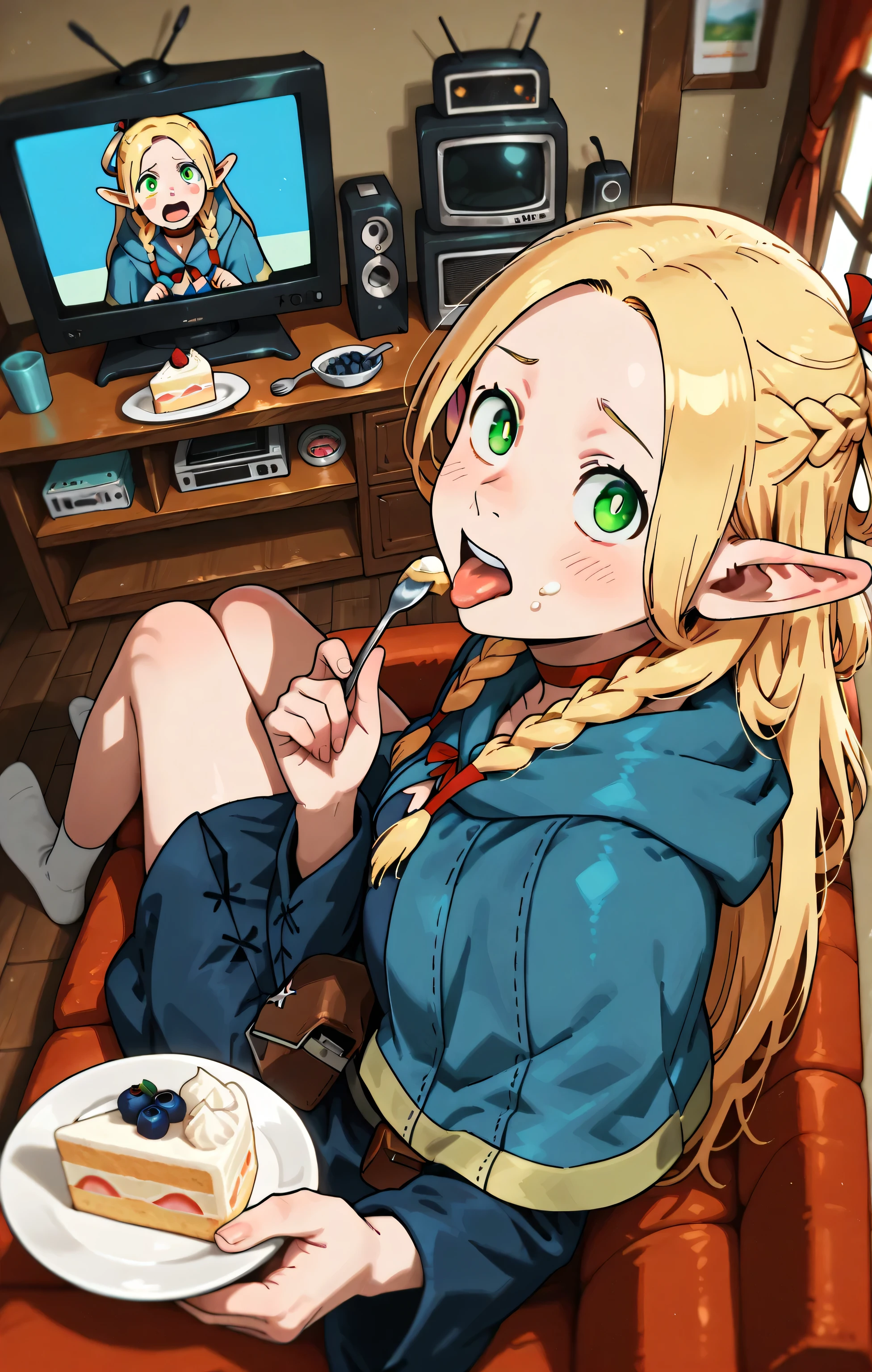 1girl, Marcille donato, food, hair ornament, solo, bright eyes, funny face, high contrast, blueberry, socks, striped, holding, plate, fruit, looking at viewer, cake, complementary color, fork, radio, antenna, white television, black television, television, sideways, watching television, open mouth, spoon, food on face, sitting, mini bag, indoors, tongue out, sofa, masterpiece, best quality, absurdities