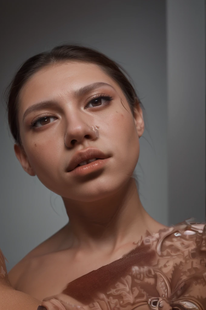  a photograph of (morena beltran, 21 years, slight smile),, Alone, realist, Brown hair, brown eyes, Lips, blonde woman, closed Lips, looking at the viewer, exhausting (high neck dress,sleeveless)