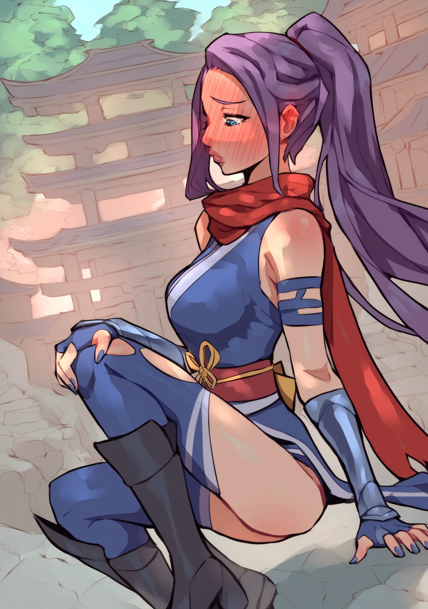 Female character, dragon ball, best quality, 8k, aqua blue hair, expressive blue eyes, ultra detailed eyes, ultra detailed face, ponytail with braid, hair ribbon, standing forward, facing forward, hands behind the back body, vertical portrait,
back against the wall, blue gloves, perfect hands, beautiful hands, five fingers only, belt, pink blouse, pink skirt, big ass, exposed ass, blue panties,