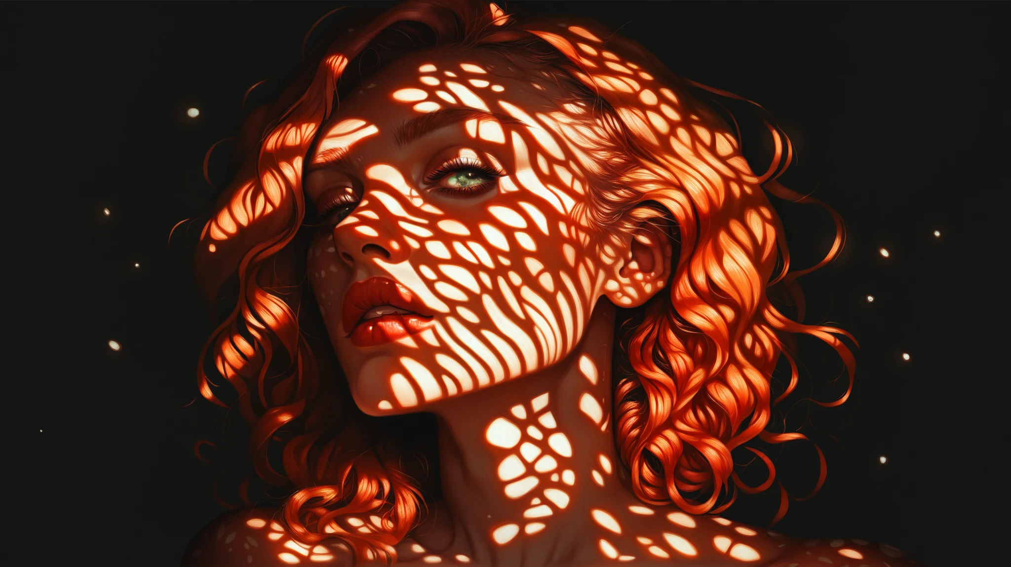 score_9, score_8_up, score_7_up, score_6_up, 1girl, ginger hair, 23 years old, beautiful, dappled sunlight, lipstick, dark background, portrait, s1_dram