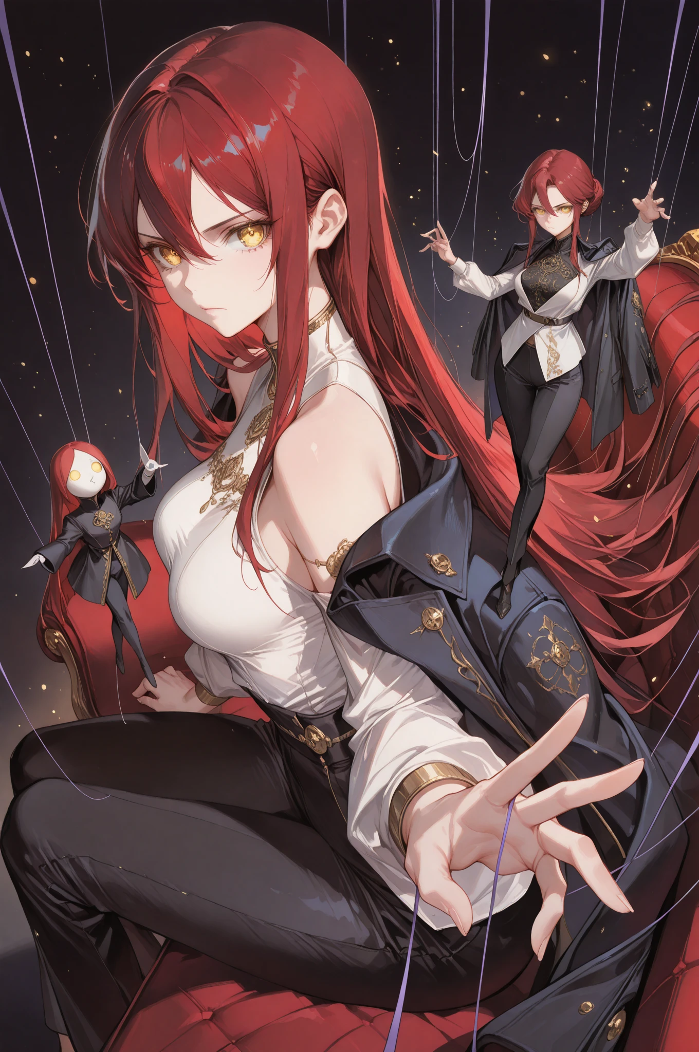 mature woman, green eyes, red hair with long bangs, noble, mafia. sadistic women, wavy long hair. wear black purple jacket. strong woman. background in mansion
