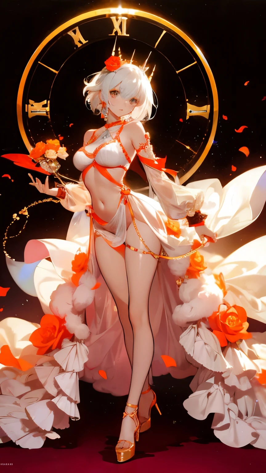 ((masterpiece, best quality)), Delicate face，goddess，whole body，Standing picture，Smile，Perfect body proportions，Long legs，Short hair handsome，Beautiful golden glowing eyes，Fantasy style，White background，Extremely beautiful，transparent，Sexy Lingerie，sexly，Flame Rose，Tattoo，Lace，Star decoration