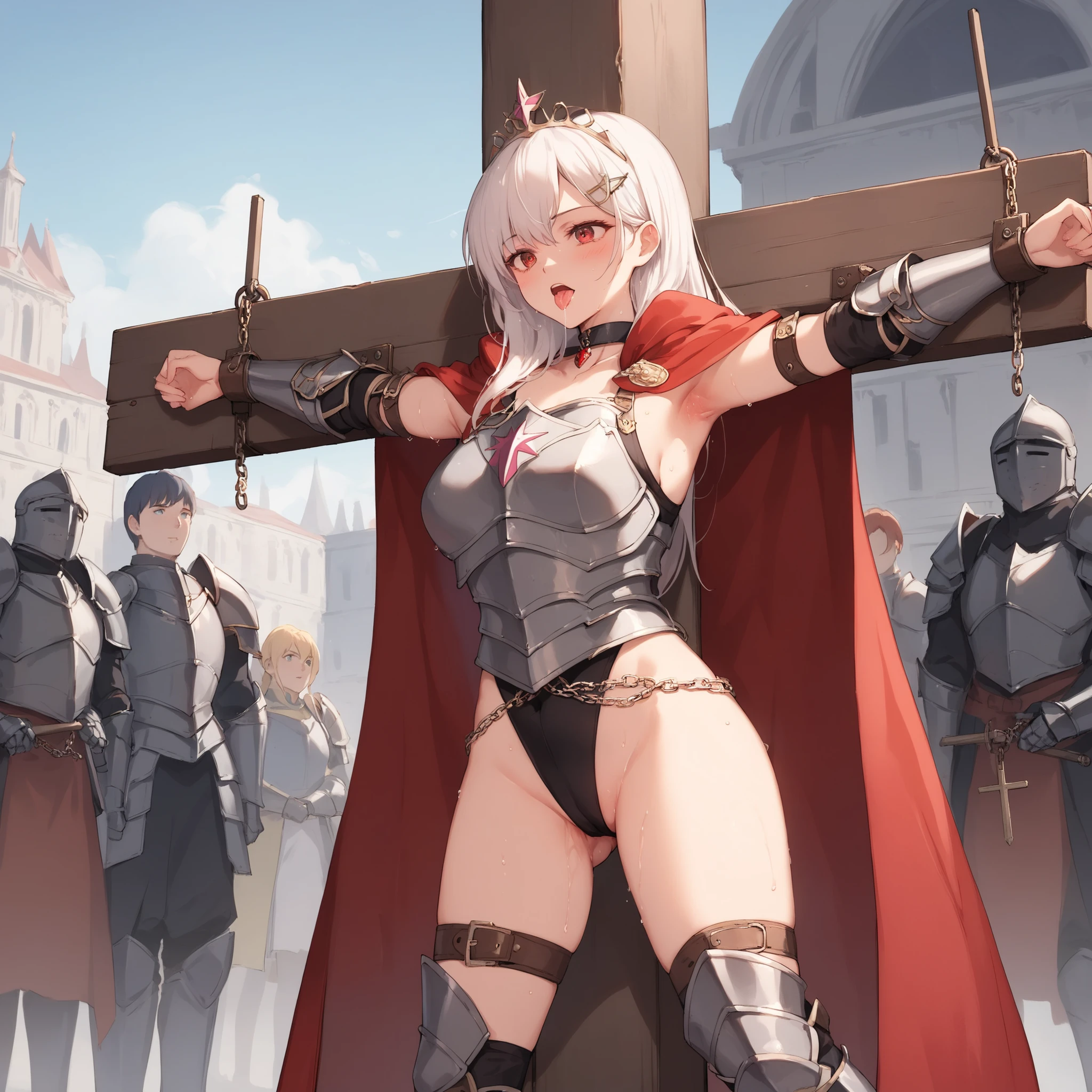 ((best quality)), ((masterpiece)), (detailed), perfect face, SOLO, whole body, ((1 GIRL)), ANIME, beautiful detailed eyes, long straight hair, white hair, RED EYES, (((black High leg bodysuit)), (((black breastplate))), Choker, shame, sweaty body, sweat, hairclip, shining eyes, ((black fantasy armor)), ((princess knight)), tiara, loser, (black Pauldrons), (black Shin guards), black vambrace, ((thigh chain), ((crucifixion)), outdoor, bondage, ((thigh chain), spread arms, slave, (High leg), leotard, public execution, tongue, saliva, broken armor, heavy armor, red cloak