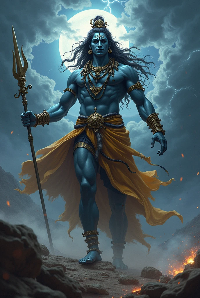 Lord shiva moon on head, snake in neck killing a asura with trident, he lays down under his feet