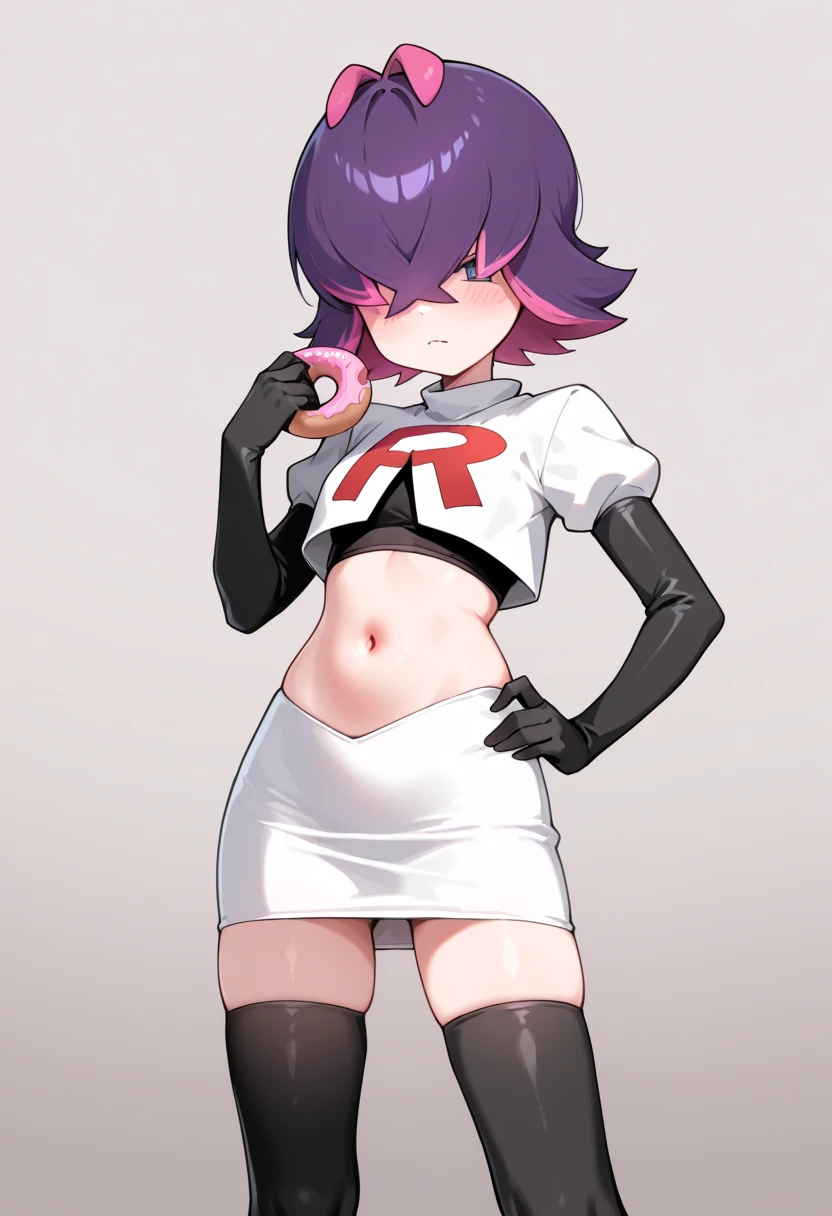 (extremely detailed CG), (best quality), perfect face, shiny skin, lustrous skin,wide hips, narrow waist, 1girl,solo , DotPoke, hair over one eye, purple eyes,short hair, multicolored hair, pink hair, purple hairhair over eyes, team rocket,team rocket uniform,white skirt,red letter R,crop top,black thigh-highs,black elbow gloves, eating donut