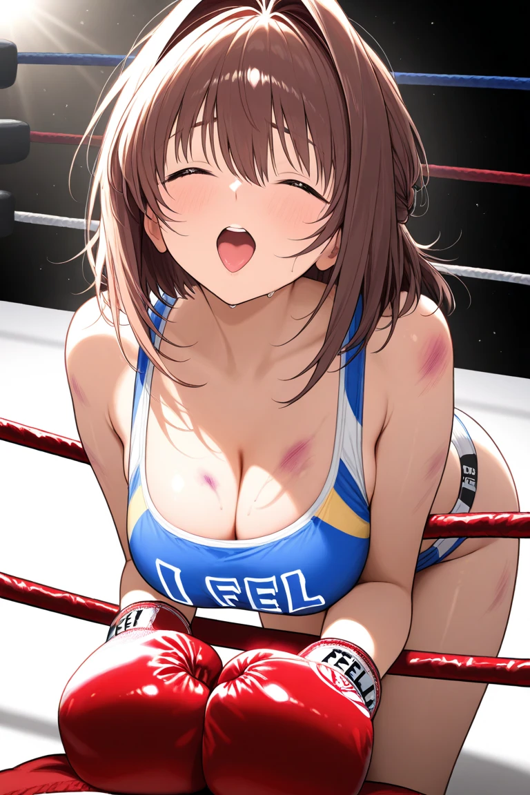 (kinako_(shiratama_mochi) style, ((topless)), nsfw, masterpiece, 1 girl, nipplricately detailed, navel, bare shoulders, brown hair, boxing shorts, boxing ring, stage lights, crowd, boxing, boxing gloves, extremely detailed, bare breasts, pufles, greees, baach, sweaty, medium breasts, arm strap, cowboy sho, soft eyes, open mouth, short hacrying, bruised face, solo