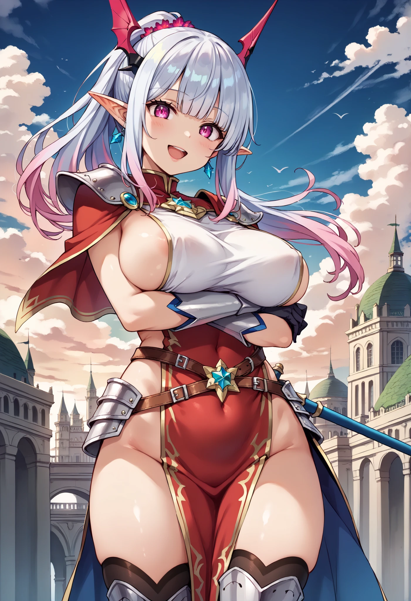Masterpiece, Best Quality, Extra Detail, 1girl, armor, armored boots, bangs, black gloves, blue hair, boots, breasts, yellow eyes, cape, cleavage, cleavage cutout, clothing cutout, cloud, covered navel, day, elf, flower, full body, gloves, grass, greaves, groin, high ponytail, highleg, highleg leotard, knee boots, leotard, long hair, looking at viewer, perfect body, perfect breasts, nature, open mouth, outdoors, parted lips, pauldrons, pointy ears, ponytail, red cape, shoulder armor, sidelocks, sky, solo, standing, tiara, tree, vambraces, white flower, white leotard