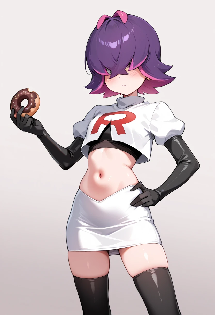 (extremely detailed CG), (best quality), perfect face, shiny skin, lustrous skin,wide hips, narrow waist, 1girl,solo , DotPoke, hair over one eye, purple eyes,short hair, multicolored hair, pink hair, purple hairhair over eyes, team rocket,team rocket uniform,white skirt,red letter R,crop top,black thigh-highs,black elbow gloves, eating donut