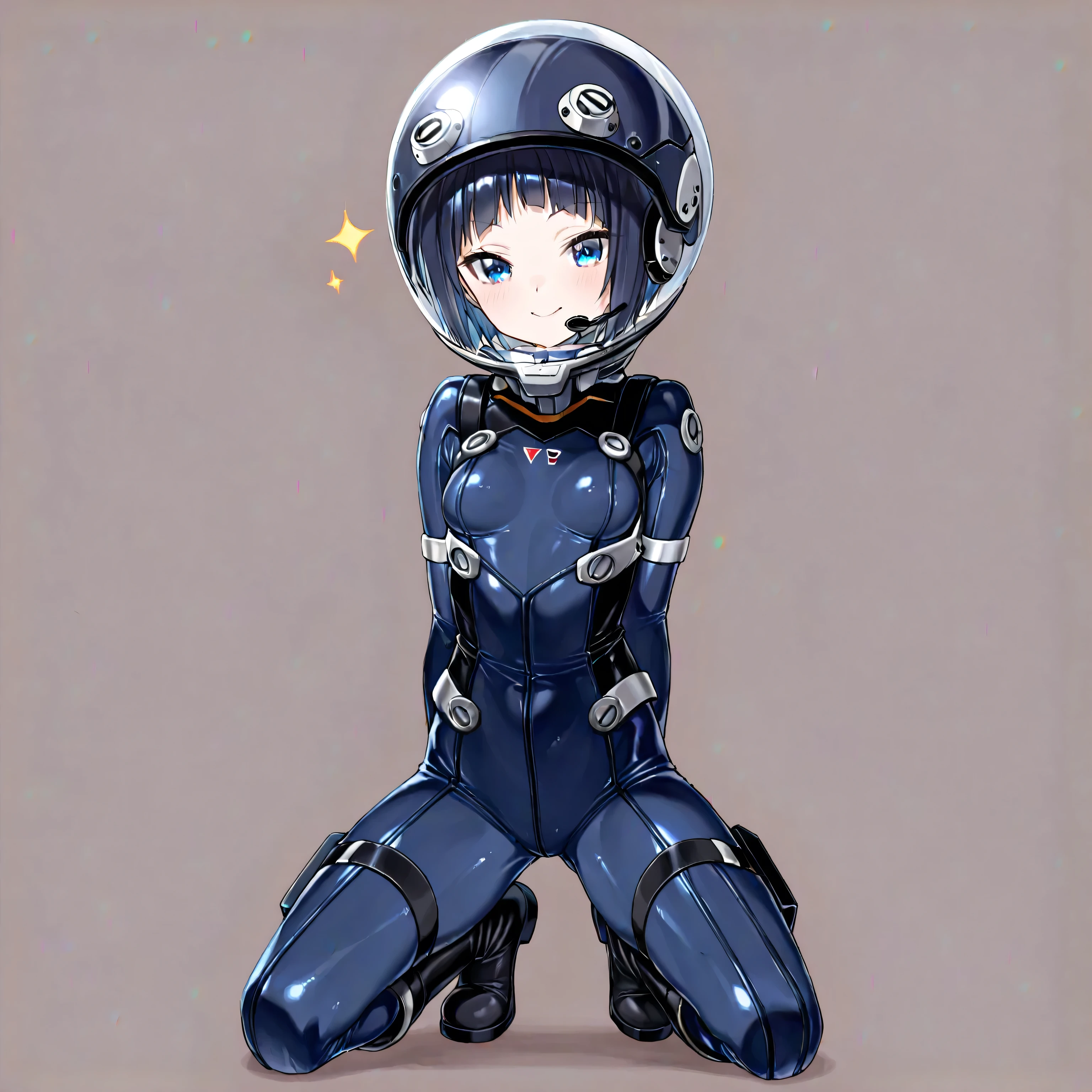 (masterpiece、best quality、highest resolution、 Clear Images 、 Detailed Details ):(full body、20 year old girl、the face of Japan、Xiaoyan、 Slim、 dark blue super short bob cut hair 、(Hidden small breasts:1.3)、 Sparkling Blue Eyes 、white and navy blue shiny pilot suit、Chest protection armor、tight clothes、full bodyを覆うwhite and navy blue shiny pilot suit、魅力的なwhite and navy blue shiny pilot suit、 fitted pants 、肌を隠すwhite and navy blue shiny pilot suit、very delicate and beautiful、胸を隠すwhite and navy blue shiny pilot suit、肩を隠すwhite and navy blue shiny pilot suit、detailed skin、太ももを隠すwhite and navy blue shiny pilot suit、お尻を隠すwhite and navy blue shiny pilot suit、cute、gentle smile、kind expression、heroine、headset、long hard boots 、elbow length gloves、Eye shot 、 peace talks between fighting factions 、attention arousal、Clever Blue Eyes 、straight face 、Kneeling pose、futuristic space combat helmet)、simple background