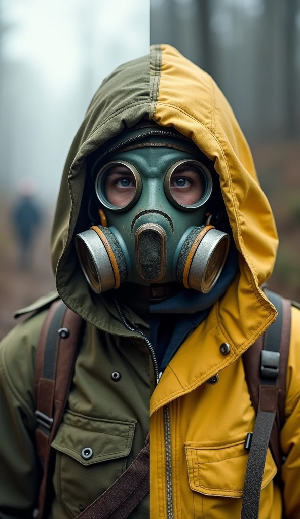Anime realaitic art-style, Man with blue eyes worn a hood and a cloth mask covering the nose and mouth look lost, background a forest with trees with high trunk and few leaves, it seems to be cold they wear a mountaineer outfit esvaldor for cold Moments the colors are erased looks like a dark environment