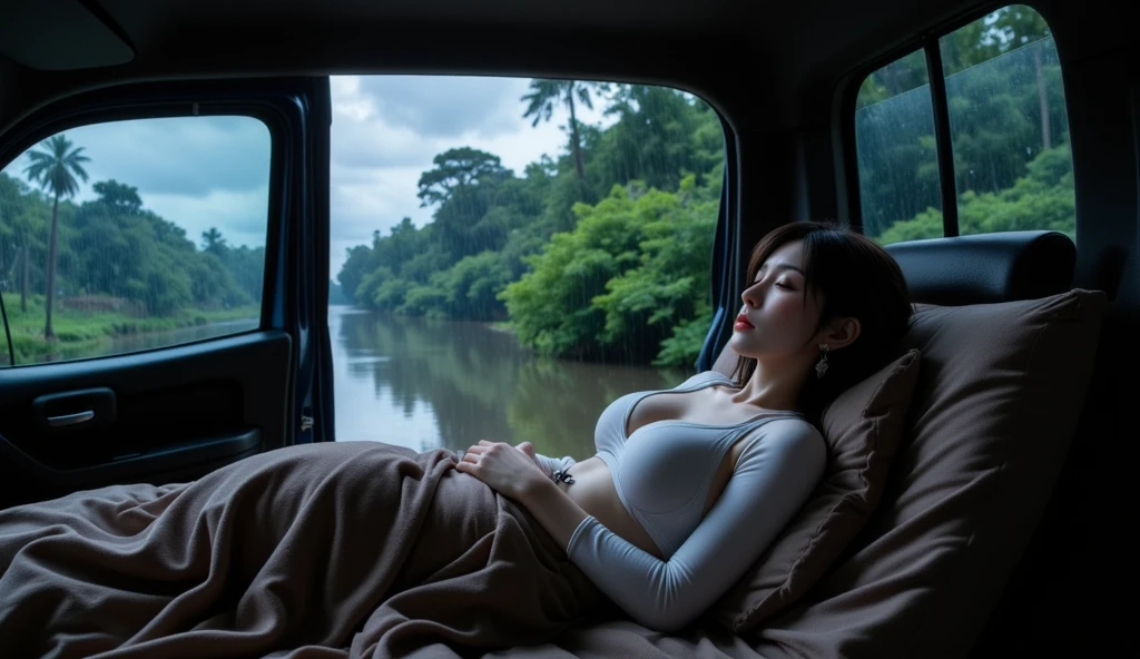 Realistic descriptions and ultra-high-quality photos, the inside of the large camping car is spacious and filled with camping items, the atmosphere inside the car is lit by a single candle, the inside of the car is dark and lit by a candle, and a pretty woman is lying down in her pajamas and looking out the window of the camping car. A pretty woman's bra is slightly visible, her stomach is also slightly visible, and the outside of the car window is cloudy and dark.