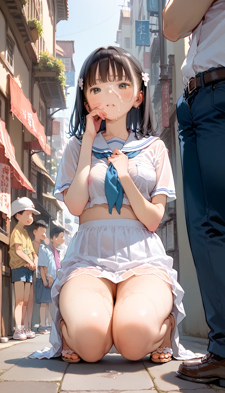 ((Highest quality)), ((masterpiece)), (detailed), 8K White and blue sailor suit ((Wearing socks)) Small breasts, open pussy, 120cm tall, , outdoors, partially undressed, breasts, erect nipples ((Overflowing with love juice)) Drooling, shapely legs, naughty expressions, exhibitionism ((There is a in the anus)) No makeup, demure, short hair, side tail, pony tail, or twin tail ((Precise CG)) Anime face, small girl, visible uterus, short torso, shopping street ((Masturbating)) Holding adult goods ((Are standing)) ((Pussy spreading))