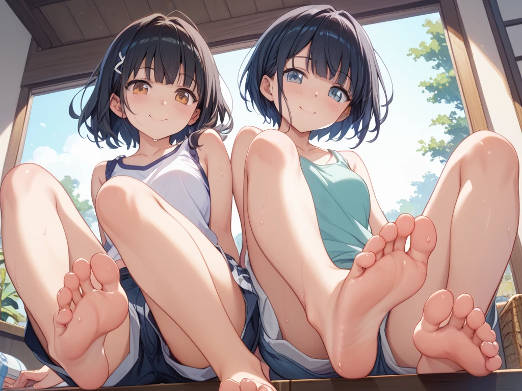 Three happy girls were sitting on the stone steps, Take a full body photo、Have fun and laugh、She was wearing a white blouse, バンズ sneakers, Red checked skirt、白いsneakers, Black Hair, detached houses, Flowers,Happy girl with round face, Big eyes, Long eyelashes, Full-body display、Detailed Private Parts、Hairless、Detailed female genitalia、Spread your legs、真From below、I see your white pants、Highest quality, Ultra-high resolution, (Realistic: )2D official style cel animation,((Like Hayate!Three girls sitting in a row。))mini skirt,summer shirt,(Lace panties),loose socks,sneakers,Full body portrait,(From below),Station stairs,sunny,Troubled face,Spread your legs