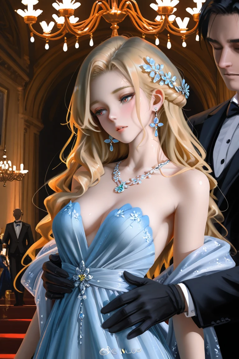 A beautiful young woman, 1girl, hourglass figure, seductive pose, printed design white traditional strapless blouse and long skirt, silky blunt blonde hair, heavy silver jhumka earrings, cleavage, detailed face with stunning eyes, full lips, flawless makeup, dark cinematic lighting, dramatic photorealistic effect, masterpiece-level 8K rendering, ultra-detailed, realistic, photo-realistic, HDR, UHD, studio lighting, ultra-fine painting, sharp focus, physically-based rendering, extreme detail description, professional, vivid colors, bokeh, delicate necklace, wearing high heels,