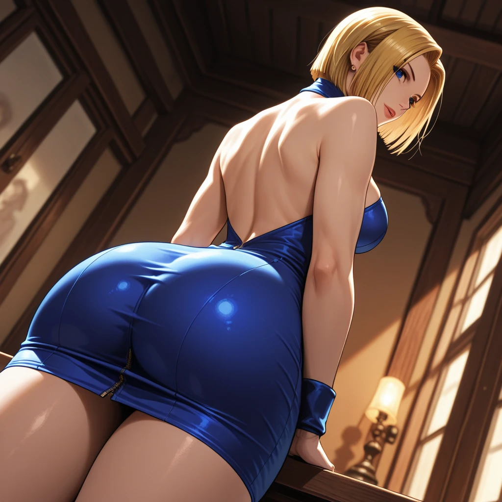 1 girl, pony tail, blonde hair, blue eyes, huge , huge butt, lingerie, bedroom,