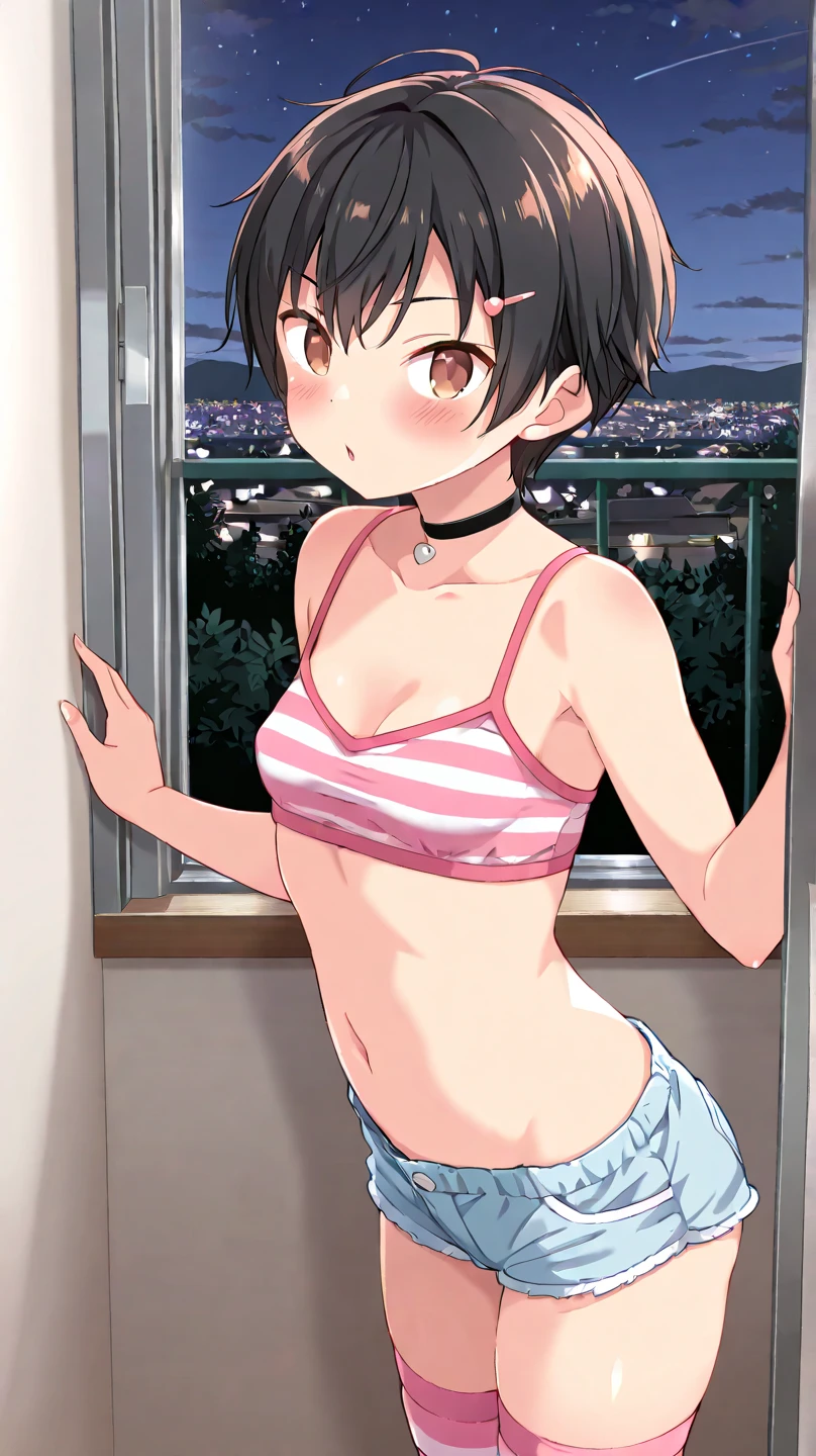 (masterpiece, best quality), 1girl,aihaibara,brown hair,short hair,(chibi),flat chest,white micro bikini,(upper body:1.3), embarrassed ,blush,(cameltoe:1.3),