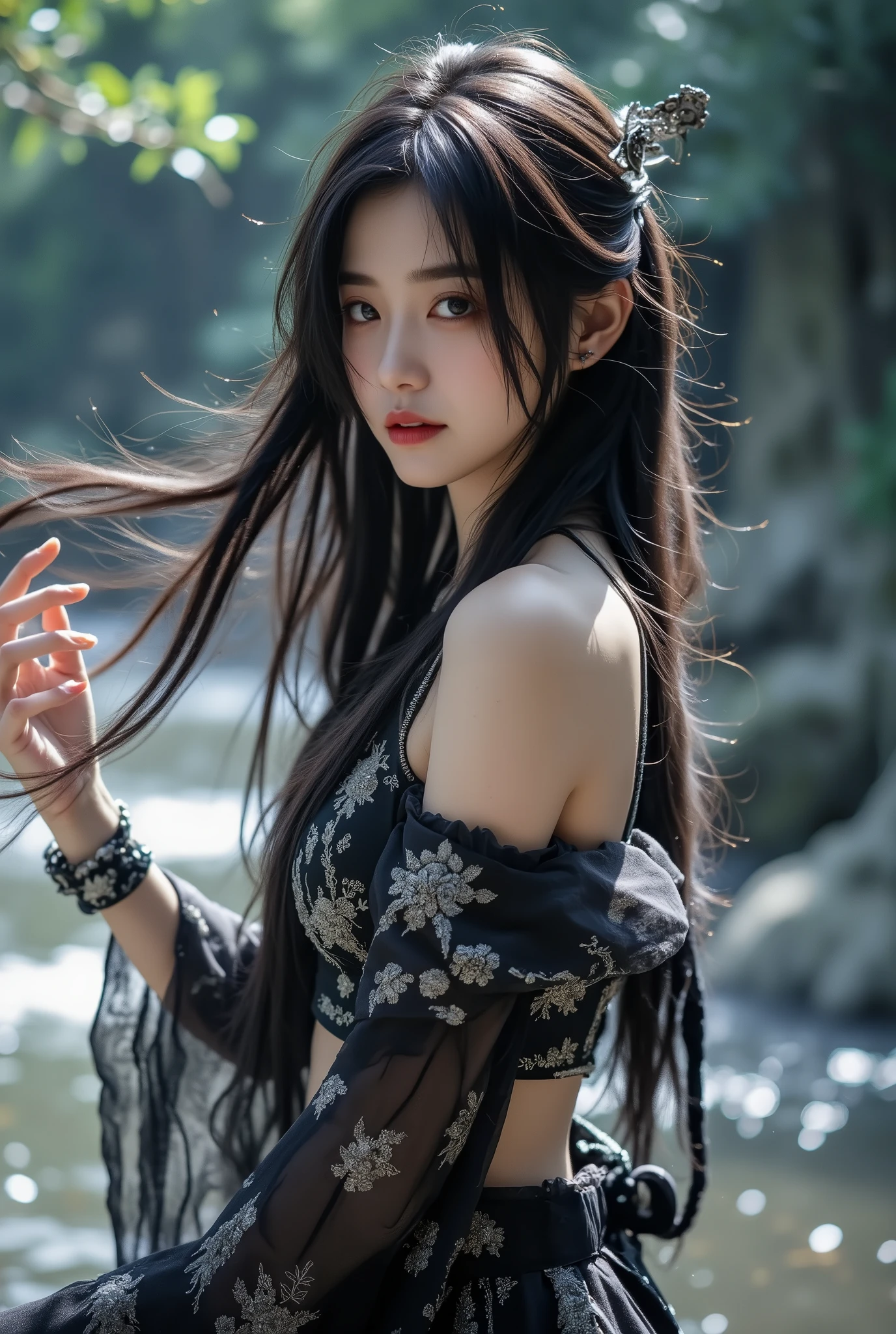 8k, ultra realistic, realism. A beautiful young Asian woman is posing gracefully outdoors in traditional-inspired modern fashion. She wears a black crop top adorned with silver embroidery and a matching flowing skirt with intricate patterns. Her look is accessorized with elegant silver jewelry, including a statement bracelet and a delicate headpiece that complements her long, flowing black hair. Her makeup is soft yet striking, with a touch of red lipstick. Creating a sense of movement and elegance. The background features a natural setting with soft lighting, enhancing the ethereal and enchanting vibe of the scene. Her expression is serene and confident, capturing a blend of modern beauty with cultural flair.