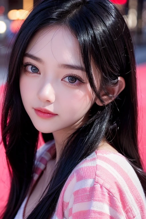 Close up of a woman with long black hair and red polka-dot shirt, with round face, pale round face, with small nose, ulzzangs, Korean symmetrical face, Asian face, soft eyes and narrow chin, jaeyeon nam, close-up face, wan adorable korean face, Face picture, cruel korean goth girl, Choi Hyun-hwa