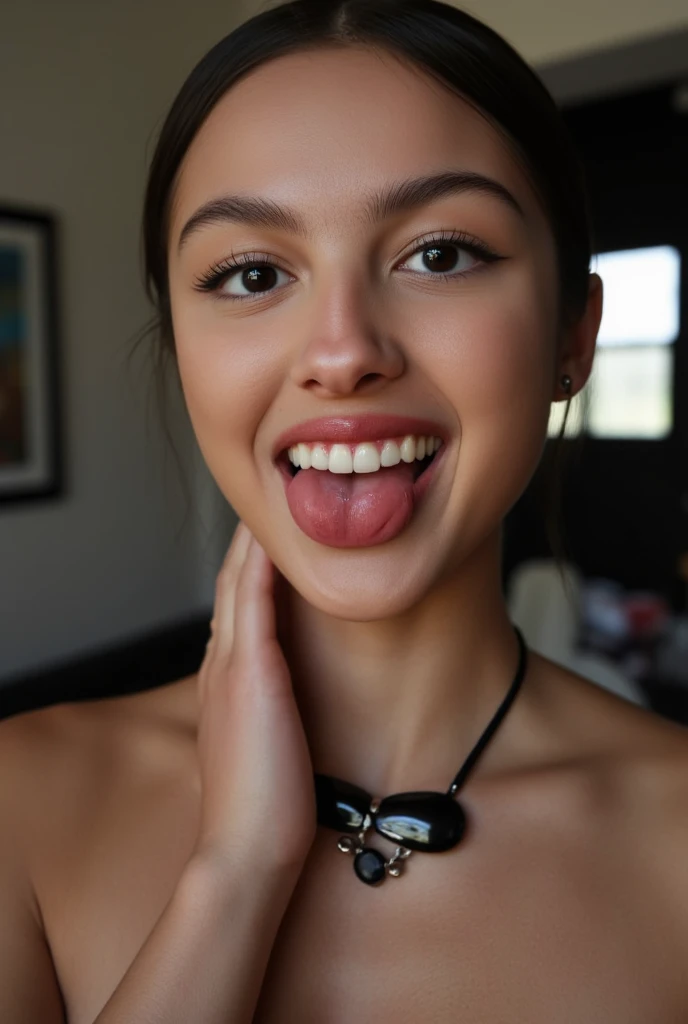 Realistic young teen sexy crop outfit grin sticking tongue out 