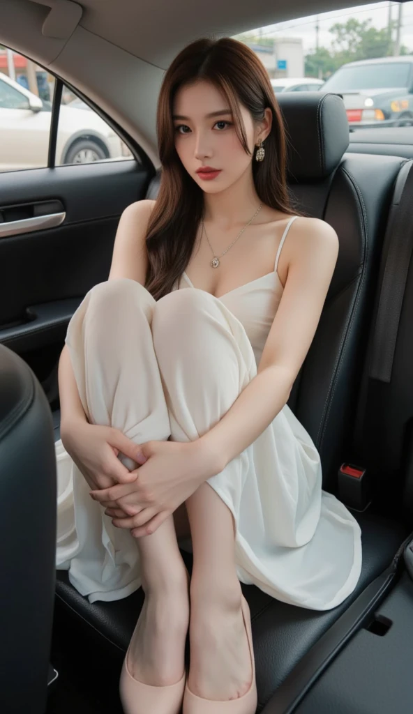 (full body photo:1) photorealistic image of a woman (sitting pose:1), very realistic, photography, long black hair, woman, 24 years old, hourglass body shape, perfect body, flirtatious look, natural medium breasts, blurred background, full body photo, she is lying on the back seat of the car, she is wearing a robe blazer, she has a seductive look