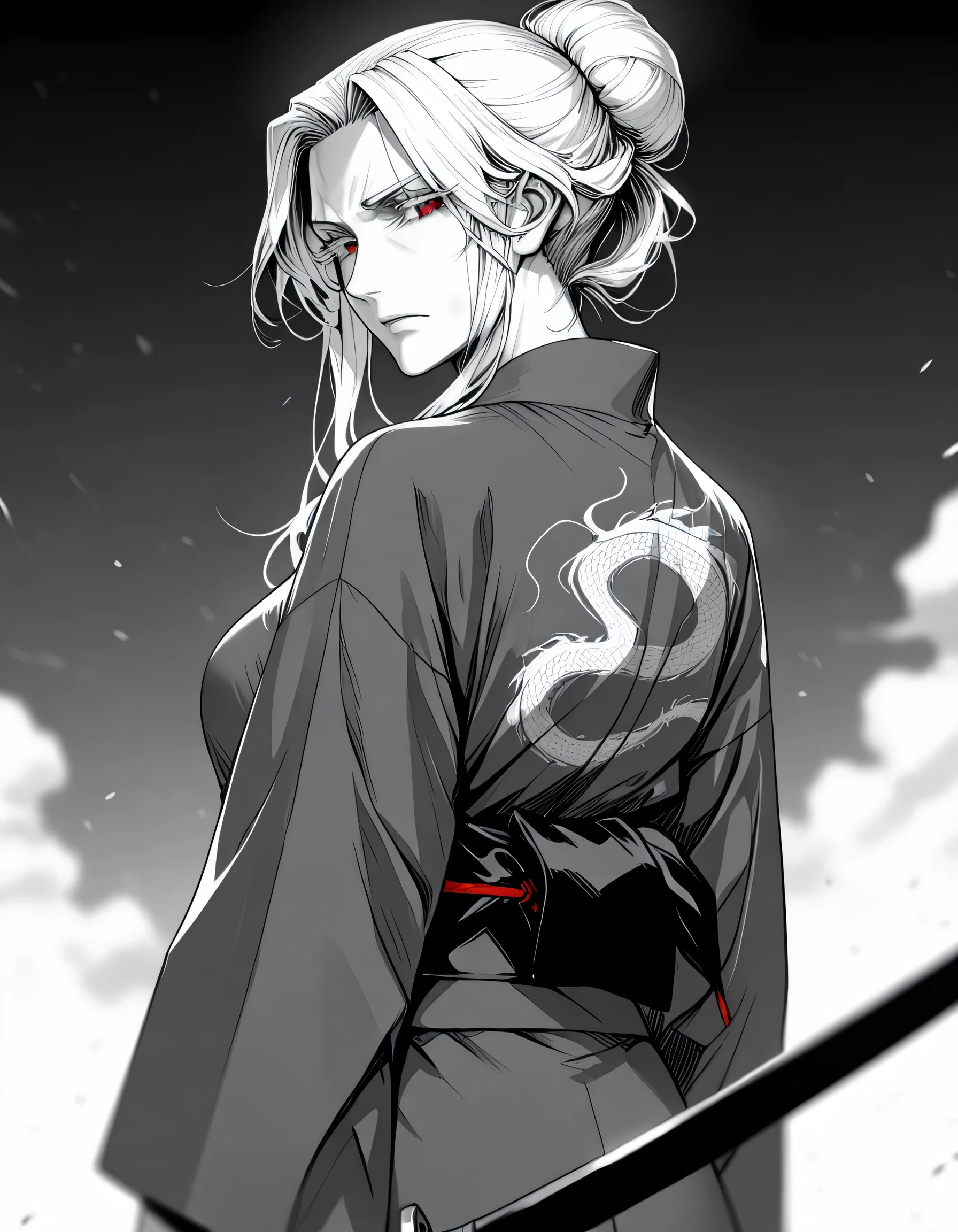 a girl , samurai, holding katana, colored eyelashes, red eyes, long hair disanged, single bun, hair combed back, hair with red gradation, yukata with dragon motif,(yukata with dragon motif yang rumit), looking towards viewer, manga style art, monochrome, Grayscale,score_9,score_8,score_7,score_6_up , source_anime, masterpiece,HD,8k wallpaper, smooth skin, Sharp focus, depth of field,