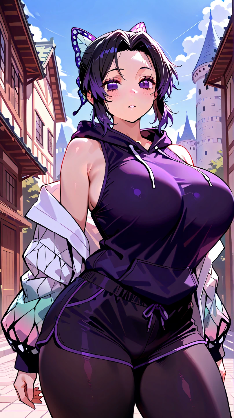 fountain_アニメ, hinatahyuuga Hinata Hyuuga Byakugan, black and short hair, she is old looking, mother-like, tranny girl, tomboy, flushed face fishnets, cropped coat, very big breasts, thick-thighs, sensual posture, malicious smile, half-naked, looking at the viewer, dutch angle, cowboy shot