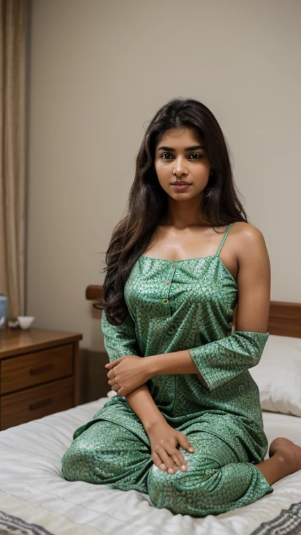 A beautiful Indian girl sitting on the table and wearing night dress and taking juice glass