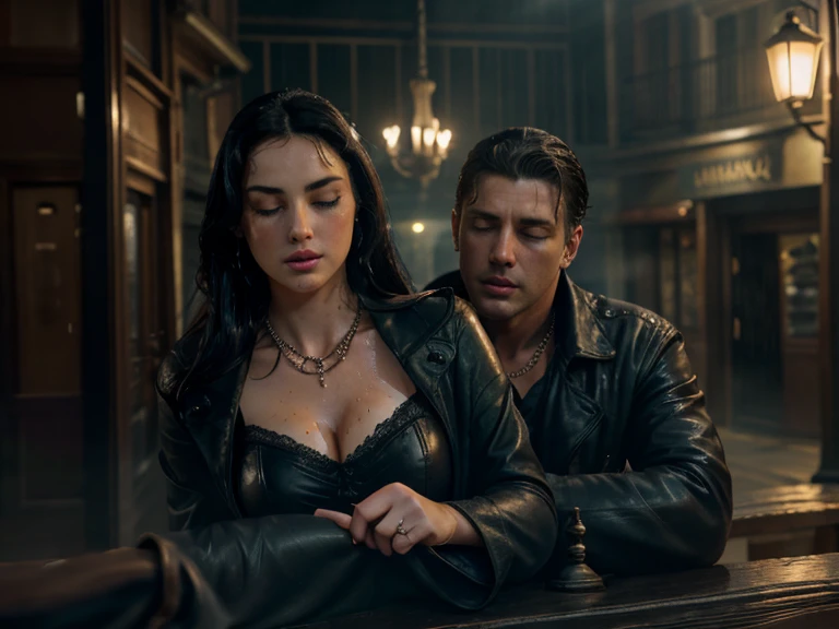 Pareja de rockeros vestidos con chaqueta de cuero negro y tachas en el recital de kiss