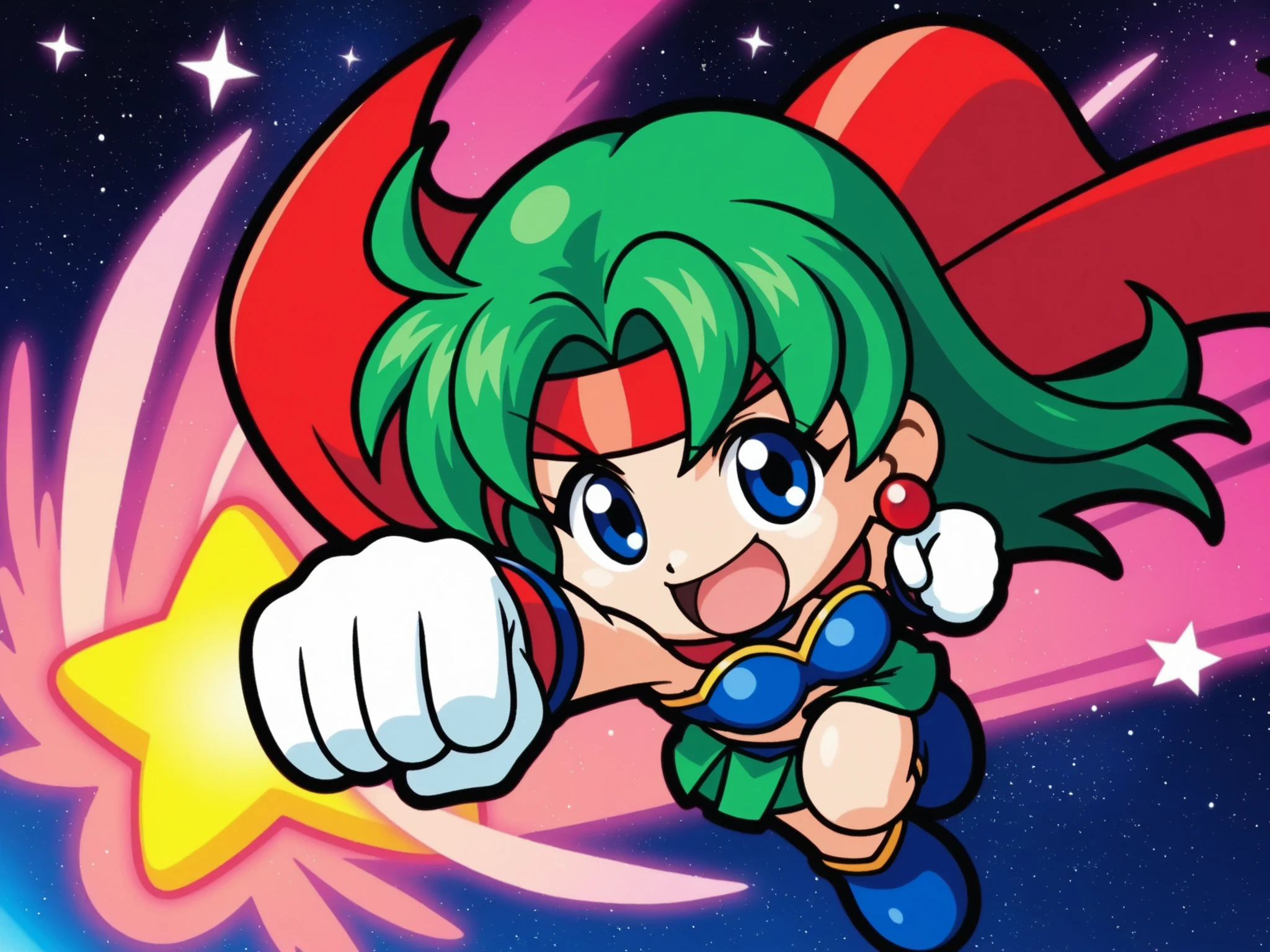 score_9, score_8_up, score_7_up, break source_anime, best quality, masterpiece,very aesthetic, zPDXL2,Official Art,mumu、green hair、Blue Breastplate、red hair band、full body、peace sign、smile、opens his mouth、chibi、stick out your fist、Lie down and fly through the stars、universe
