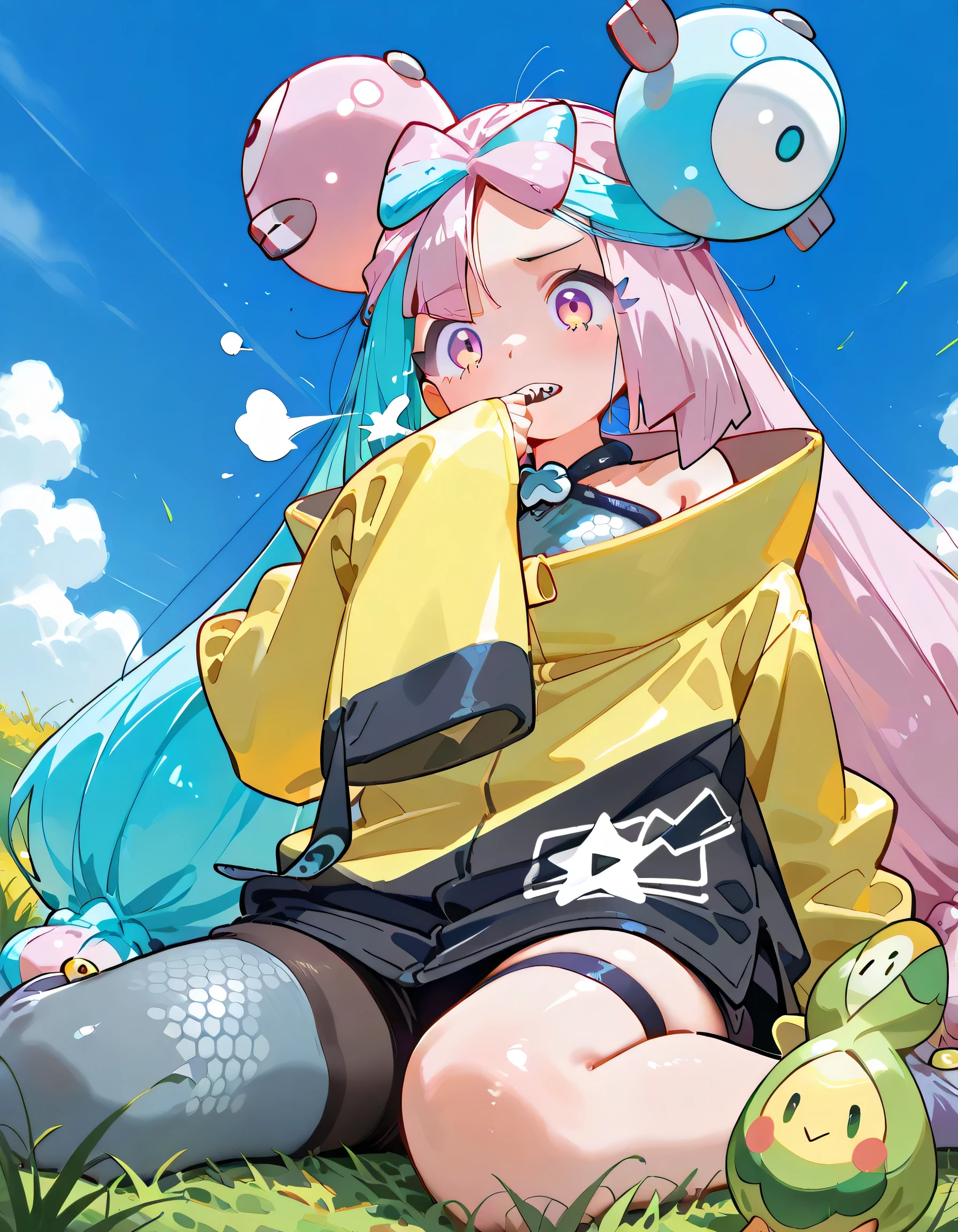from below,(dynamic angle),(hand to own mouth)+,solo,(sneezing+),(wariza),leaning back+,pokemon iono, blue hair, bow-shaped hair, character hair ornament, hair ornament, long hair, low-tied long hair, multicolored hair, pink hair, sharp teeth, split-color hair, twintails, two-tone hair, pink eyes,asymmetrical legwear, bell, bow-shaped hair, character hair ornament, hexagon print, oversized clothes, pantyhose, single leg pantyhose, split-color hair, jacket, yellow jacket,(((with Budew(pokemon)))),soft lineart,Grassland, blue sky, colorful trees and flowers background,