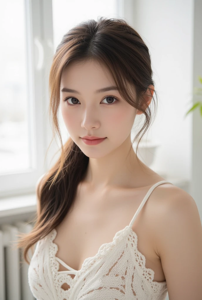 (logo, masterpiece, 8K, Tabletop, RAW Photos, wonderful, 最high quality, Photorealistic and very detailed CG composite 8k wallpaper, high quality, Very detailed, Narrative poem, Particle Effects, Dynamic Effects, Depth of the Boundary, What is written i, Cinematic Light, Lens flare, Ray Tracing),  Beautiful young woman, Pensive expression,、A charming、and an inviting look, cute santa clothes, Hair tied back, Cinematic background, Light skin tone