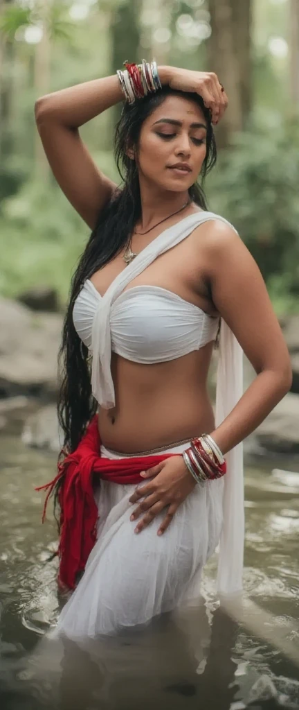 (dark jungle ambience) (horror dark effect) (full body) a beautiful indian beautiful ghost girls wearing sleeveless white saree, navel, detailed cleavage sitting beside a lake, full moon night, scary bloody face, smiling expression, seductive, detailed face, detailed eyes, detailed red lips,night lighting