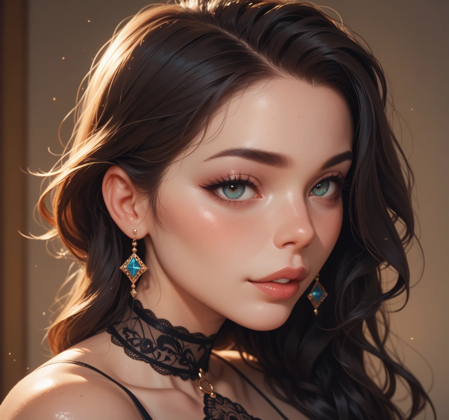 (Highest quality、masterpiece、High resolution、detailed), (Realistic skin texture:1.3), (detailedな目、Beautiful Face), 1 female, Black Hair, Blue Eyes, Delicate face, cute, Love Earrings, She is wearing a low-neck short-sleeved T-shirt and a black bra,  Playful, Ultra HD, masterpiece, Highest quality, Super Detail, Accurate, 3D Anime Real,, rtrophto1