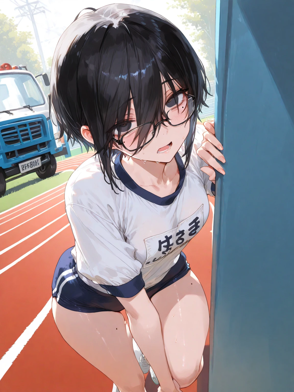 (((masterpiece))), (((best quality))), ((ultra-detailed)), (illustration), ((an extremely delicate and beautiful)), (1girl), ((((())))), ((((5 ye, (((short))), ((((flat chest)))), Plump, (((Big lower body))), ((Thick thighs)), (((Huge areola))), (((large nipples))), (((long nipples))), (((oily skin))), ((((droopy eyes)))), (emerald blue eyes) ((bob cut)), (tired hair), ((messy hair)), ((Black hair color)), ((Glasses)), (Flushed face), ((Sweat)), (humid), compression shirt, gym, crowd, (dynamic angle), (open legs wide), sneakers