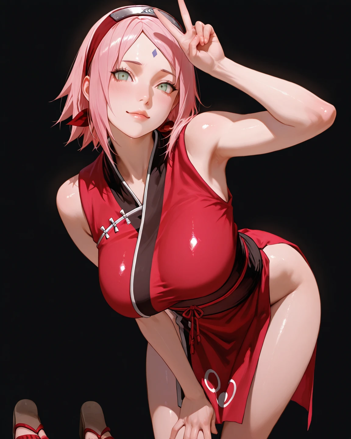 ((Masterpiece: 1.2)), ((high quality)), ((detail)), 1girl, solo, perfect face, pefect body, perfect anatomy, pretty girl, cute girl, sakura haruno, short hair, green eyes, pink hair color, red Qipao, long dress, long dress slit, bare bottom, no panty, hanging up ass, pussy visible from behind, black stockings, high sock knee, black sock, realistic, reality, high quality image, ultra detail, 8k