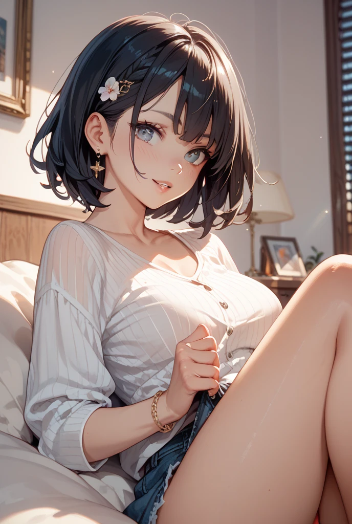 beautiful woman, cool and sadistic, amorous and lewd face, evil smile, teasing smile, grin, lewd smile, big tareme, droopy eyes, huge mouth, make-up, messy short hair, great proportion, loose size cardigan, ruffle skirt, choker, (ultra detailed, absolutely resolution, best quality:1.3), 2.5D, delicate and dynamic, shading effects, hyper realistic, artistic photography, graphic CG digital art