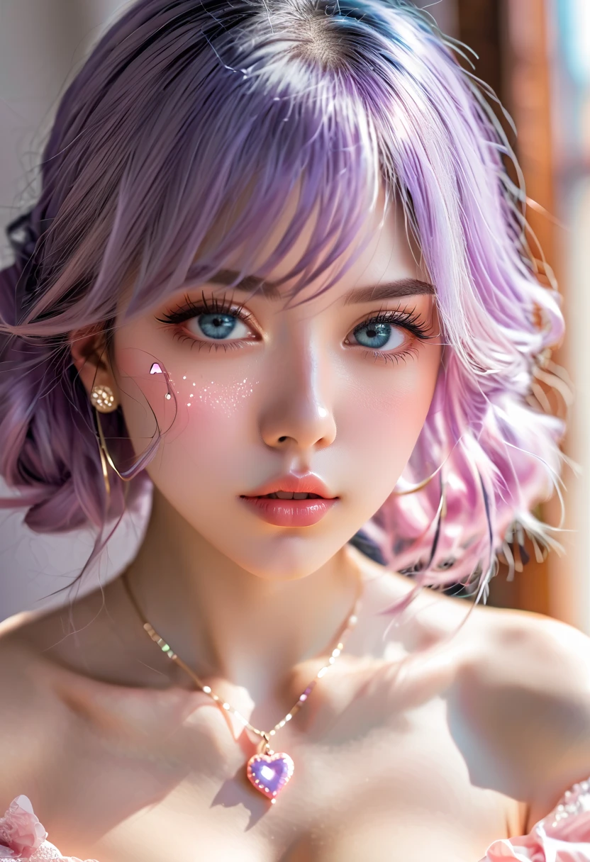 A cute girl，Lilac hair，Hair with some beautiful and delicate jewelry，Eyes on the audience，background whites，8K high-definition ，full-body portraits